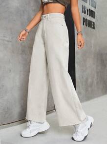 SHEIN EZwear Pantalones de mezclilla casuales para mujer de pierna ancha y corte holgado con bolsillos