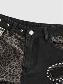 ROMWE Grunge Punk Quần short denim cạp thấp họa tiết da báo vá đính đinh tán phong cách đường phố gợi cảm dành cho nữ Kpop, đi học - Nhiều màu - Xem 4