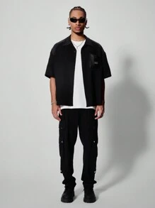 PAVTROS Manfinity Streetrush Men's Loose Fit Short Sleeve Casual Shirt With Alphabet Pattern, Summer - Black - View 5