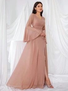 UNITHORSE V-Neck Flare Sleeve Waist Cinched Slit Formal Dress Bridesmaid Dress - Hồng - Xem 5
