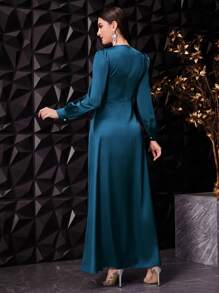 Veilorie Ladies' Solid Color Simple Daily Long Sleeve Dress Long Evening Dresses - Teal Blue - View 2