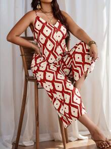 Breezaya Plus Size Vacation Leisure Random Printed Wide Leg Jumpsuit With Shoulder Straps