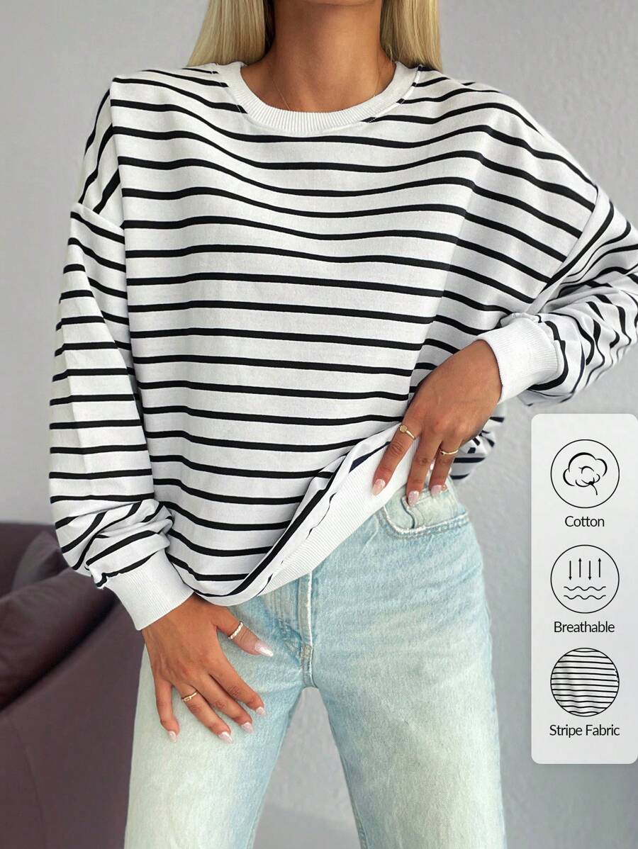 EURMUSE 100%Cotton Striped Print Drop Shoulder Sweatshirt - Black and White - View 1