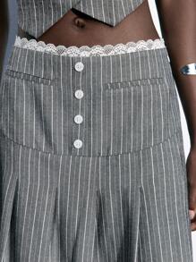 Maija Falda A-Line casual y vintage con volantes en el dobladillo, parches de encaje y rayas grises para mujer, primavera verano