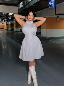 Flirla Đầm cổ dây có nút phía trước cho mùa hè - Màu xanh lam - Xem 7