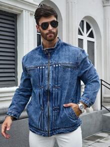 Manfinity Homme Men Plus Zip Up Denim Jacket For Spring & Autumn - Blue - View 3