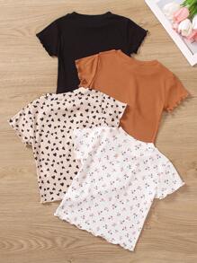 SHEIN Genkimix Kids 少女4入組純色和心形印花莴苣邊T恤，夏日必備 - 彩色 - 查看 2