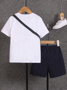 SHEIN 少年黑色圓領T卹和工裝五口袋短褲組合包，流行的休閒夏季裝扮 - 藍色 - 查看 2
