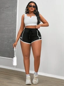 Maweii Plus Contrast Binding Drawstring Waist Shorts For Summer - Black - View 4