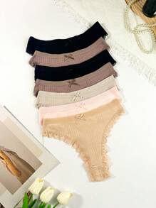 7packs Lace Trim Bow Front Sexy Thongs - Multicolor - View 4