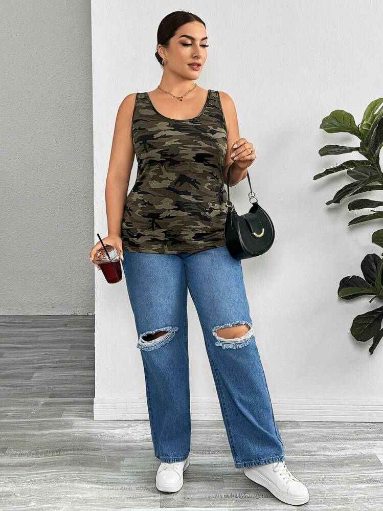 SHEIN Essnce Plus Size Women's Casual Fit Comfort Long Tank Tops 3 Packs, Summer Outfits For Women, Cute Summer Tops, Curvy Tops, Top, Black And Camouflage Top, Women Tank Tops - Multicolor - View 6