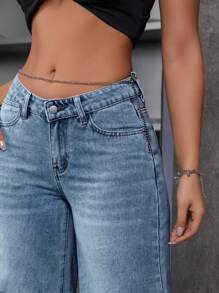 SHEIN ICON 女裝寬鬆V字低腰寬腿牛仔褲帶口袋