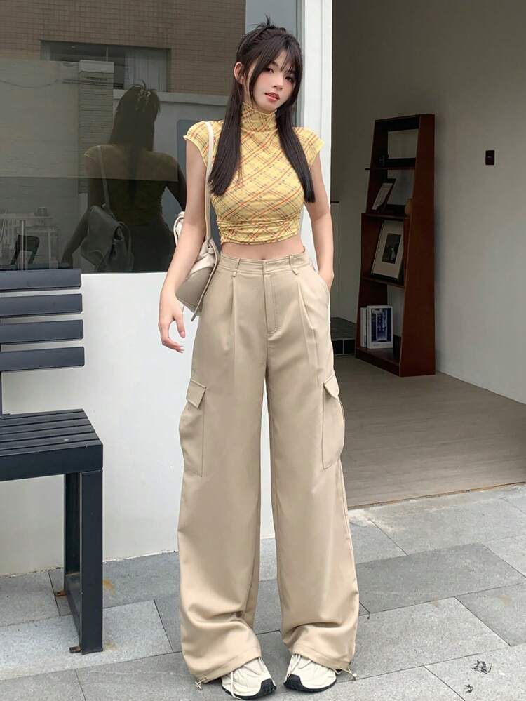 Women's Solid Color Pleated Wide Leg Loose Casual Cargo Pants, Long