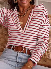 Women's Red Striped Print Ruffled Buttoned Long Sleeve Top - Red - View 3