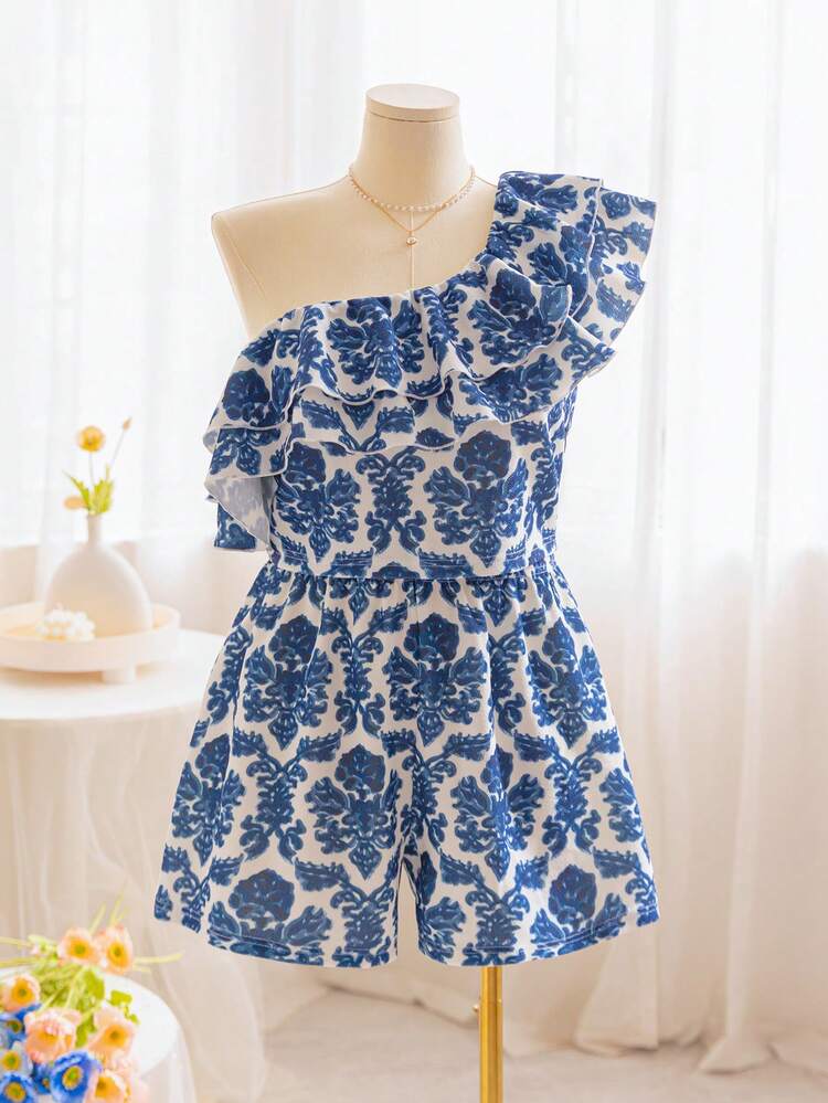 WYWH Vacation Women's Blue & White Retro Floral One-Shoulder Top With Ruffle Trim Plus Size 2pcs/Set