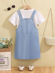 Young Girls' Sweet Floral Print Denim Back Pocket Dress For Summer - Light Wash - View 2