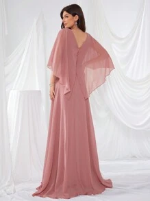 UNITHORSE Batwing Sleeve V-Neckline Pressed Pleats Chiffon Dress With Waist Detailing Bridesmaid Dress - Dusty Pink - View 2