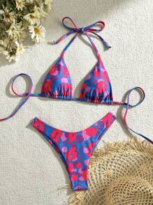 SHEIN Swim Bộ bikini dây buộc cổ in hình học đi biển mùa hè dành cho nữ - Màu xanh lam - Xem 1