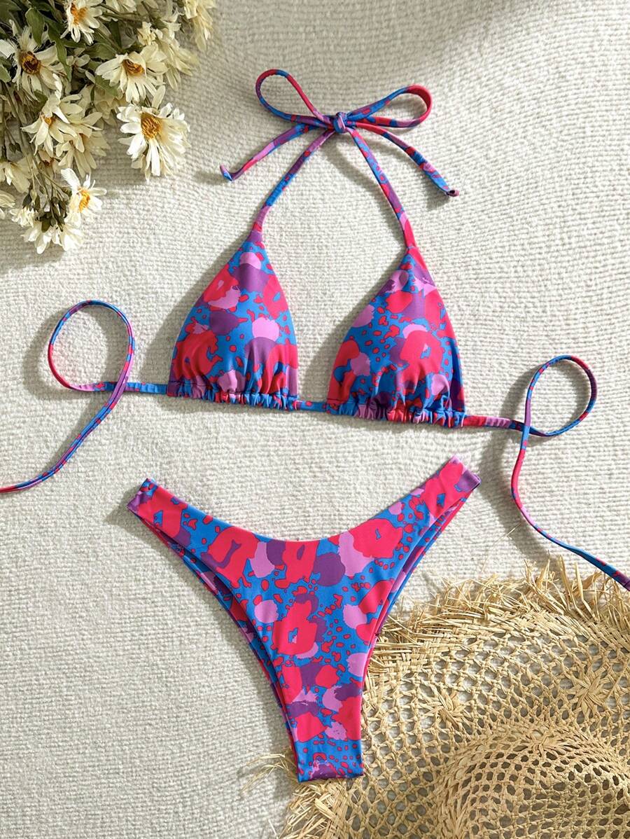 SHEIN Swim Bộ bikini dây buộc cổ in hình học đi biển mùa hè dành cho nữ - Màu xanh lam - Xem 1