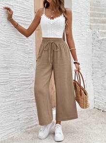 SHEIN Frenchy Top corto de tirantes con encaje y pantalones anchos de pierna para vacaciones de verano - Camel - Ver 3