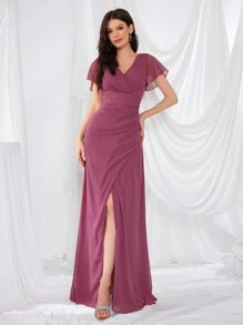 Front And Back Deep V-Neck Chiffon Dress With Ruffled Sleeves And Pleats, High Slit Elegant Cocktail Dress, Bridesmaid Dress - Red Violet - View 6