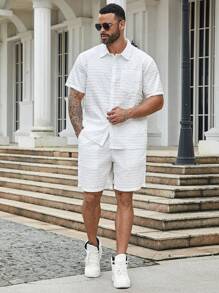 Manfinity Homme 男士大尺碼夏季休閒純色短袖鈕扣襯衫和短褲套裝 - 白色 - 查看 6