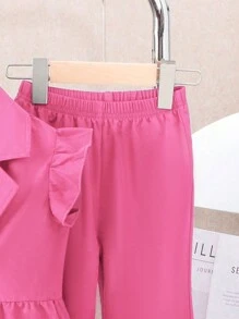 Girls' Solid Color Lace-Edge Vest And Flared Pants Set, Sleeveless - Hot Pink - View 4