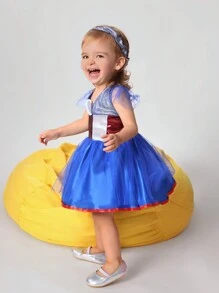 SHEIN Baby Girls' Cute & Fun Heart Symbols Net Yarn Flutter Sleeve Dress, Casual - Multicolor - View 5