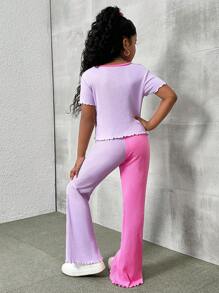 SHEIN Tween Girls'  Asymmetrical Colorblock Ribbed T-Shirt And Flared Pants Set, Sports Outfits