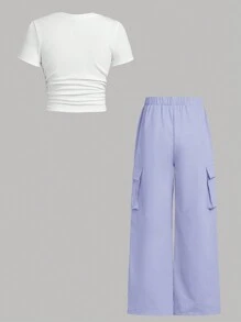 SHEIN Girlism Conjunto casual de dos piezas para adolescente con camiseta de manga corta acanalada y arrugada de punto y pantalones largos con bolsillos de acordeón - Púrpura malva - Ver 2