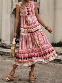 Breezaya Vacation Style Geometric Printed Notched Neck Dress With Ruffled Hem For Summer - Multicolor - View 6