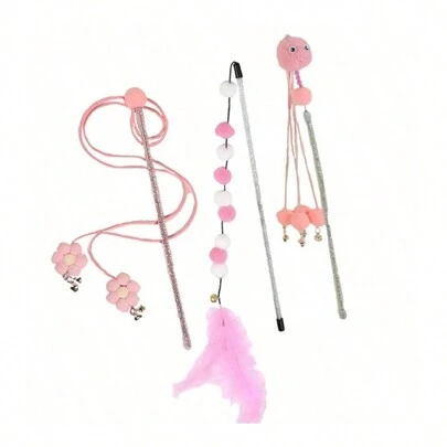 PETSIN 3 cái/bộ Bộ đũa phép trêu ghẹo mèo với thiết kế hoạt hình tua hoa, đồ chơi tương tác để chơi trong nhà