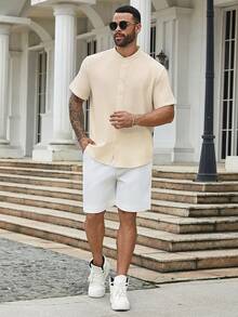 Manfinity CasualMax Men's Plus Size Solid Color Short Sleeve Button Up Single-Breasted Casual Shirt For Summer - Apricot - View 5