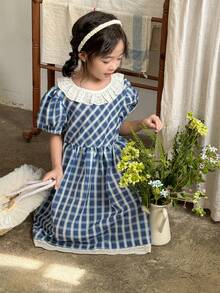 Vintaside Kids Vestido de princesa de cuadros dulce y encantador para niñas pequeñas, patrón clásico de cuadros azules, diseño de manga abullonada y bordados huecos en el cuello y el dobladillo agregan un toque de elegancia y dulzura, lo que hace que el aspecto general sea talla grande tridimensional e interesante. Adecuado para uso diario, reuniones familiares, fiestas de cumpleaños y ocasiones especiales. - Multicolor - Ver 6