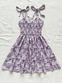 Soleia WYWH Dames Vakantie Vakantie Paarse Bloemen Schouderband Strik Taartjurk Ditsy Bloemen Vierkante Hals Gelaagde Taartjurk, Romantische Bruiloft Seizoen Outfit, Afternoon Tea Outfit, Schattige Jurk