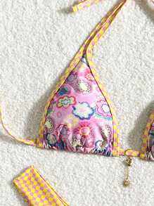 SHEIN Swim Halternek-bikinitikiniset met bloemenprint en sexy splitontwerp voor zomerse strandkleding