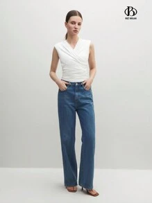 BizChic Regata feminina casual plissada de verão com decote em V em cor sólida - Branco - Visão 3