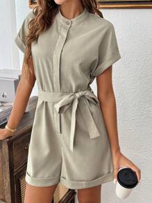 Chiquease Jumpsuit một bên tay áo kiểu dáng đẹp, túi lớn, thời trang và thanh lịch, màu trơn - Màu Khaki - Xem 4