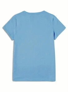 Camiseta casual de verano para mujer de manga corta y cuello redondo en unicolor - Azul 2 - Ver 2