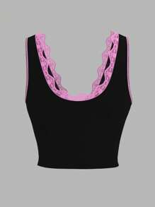 SHEIN ICON Color Block Floral Lace Bow Decorated Tank Top