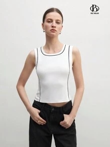 BizChic Women's Business Attire Office Work Cheongsam Style Black & White Contrast Knitted Fitted Tank Top