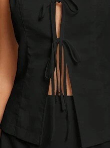 Poéselle Damen Sommer Set aus einfarbiger Frontbindungs Weste und Rock, lässiges Zweiteiler Set, Hochzeit Frauenkleid Set, Abschlusskleidung, Street Wear, kurzes Kleid mit Weste Anzug, kurzes Frauen Set - Schwarz - Übersicht 5