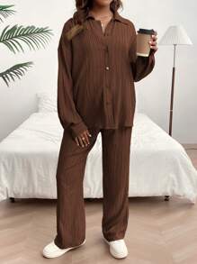 SHEIN Maternity Solid Long Sleeve Top & Pants & Drop Shoulder Shirt For Spring & Summer - Coffee Brown - View 3