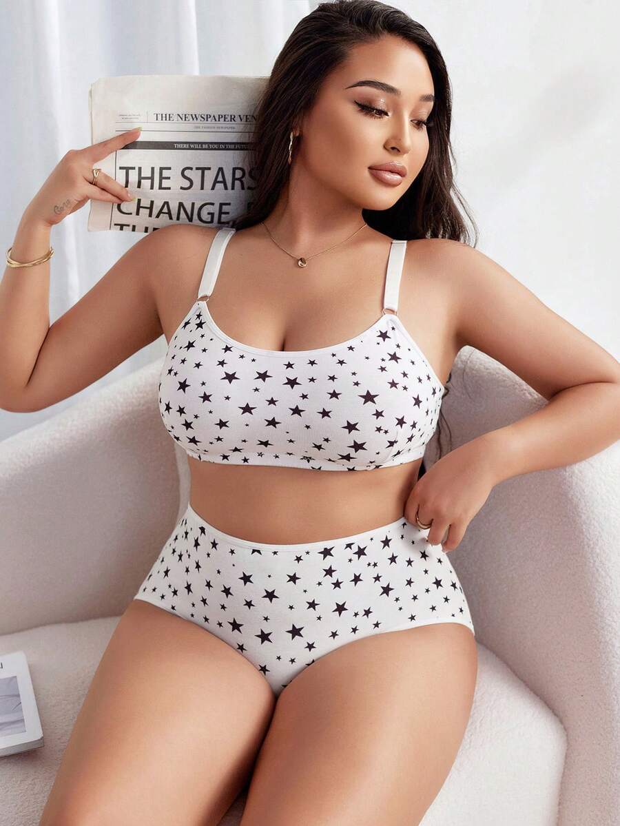 SHEIN Plus Size Five-Pointed Star Printed Bra And Underwear Set - White - View 1
