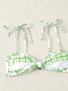 SHEIN Swim Set Bikini Seksi Wanita Motif Kotak-kotak dan Bunga untuk Pantai Musim Panas - Lime Green - View 5