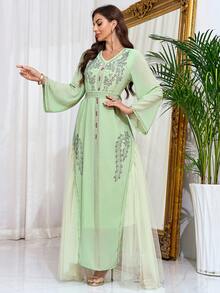 Váy dự tiệc Ả Rập dài tay bằng vải tuyn đính đá màu xanh lá cây cho nữ, váy Abaya sang trọng, váy kín đáo - màu xanh lá - Xem 4