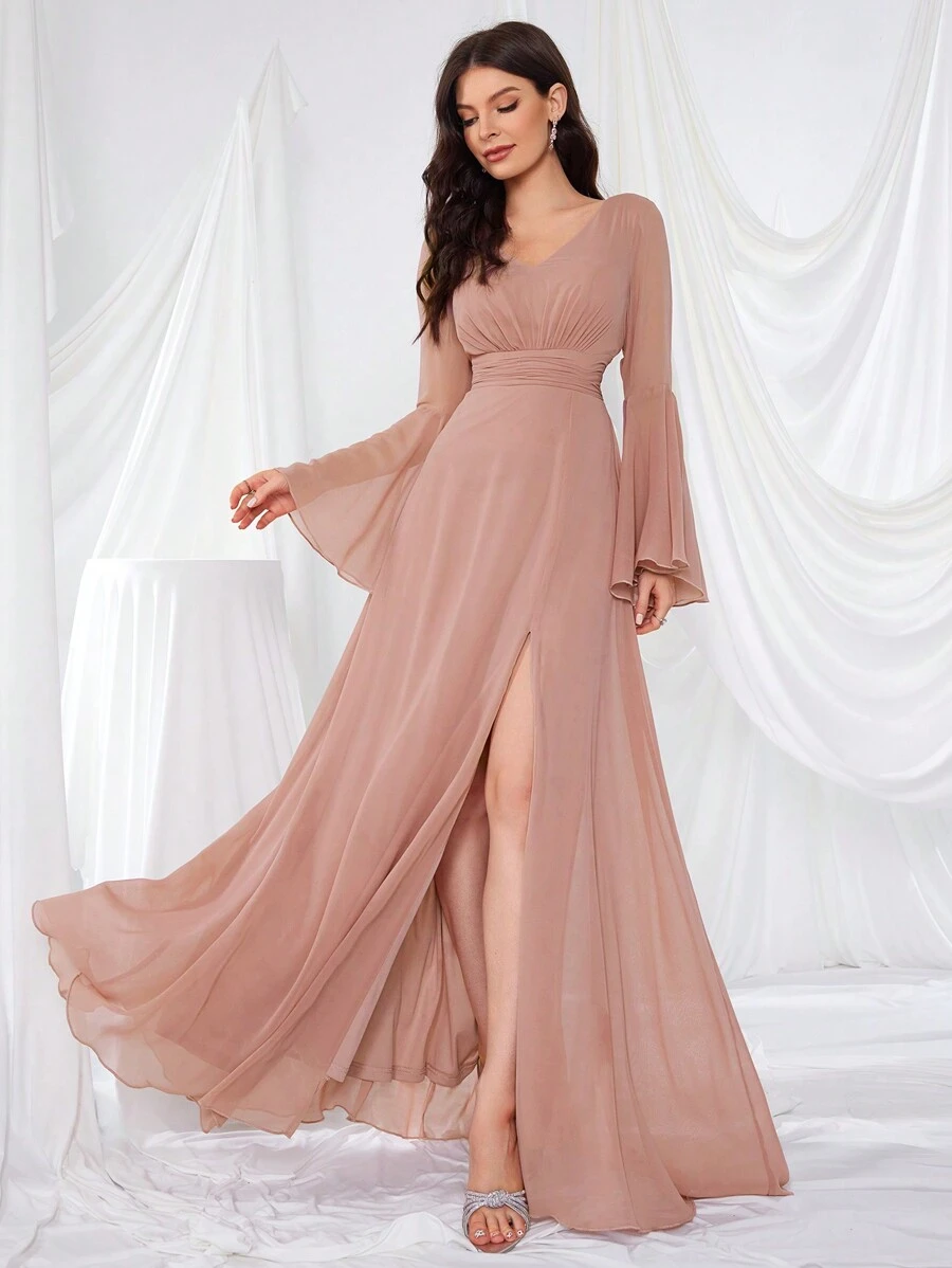 UNITHORSE V-Neck Flare Sleeve Waist Cinched Slit Formal Dress Bridesmaid Dress - Hồng - Xem 1
