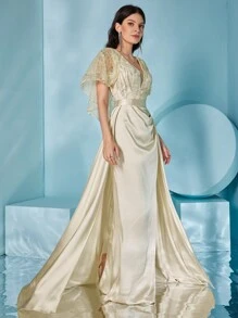 Lace Floral Patterned Sleeves, Sequined Satin Dress - Apricot - View 4