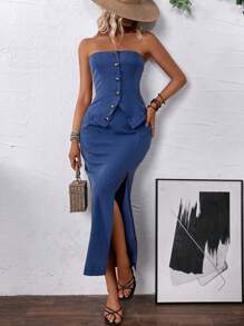 SHEIN Clasi Women's Solid Color Buttoned Bustier Top And Thigh Split Skirt, Summer Sexy 2pcs Set - Blue - View 6