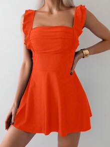 SHEIN Swim Ruffle Trim Ruched One Piece Swimsuit - Burnt Orange - View 1